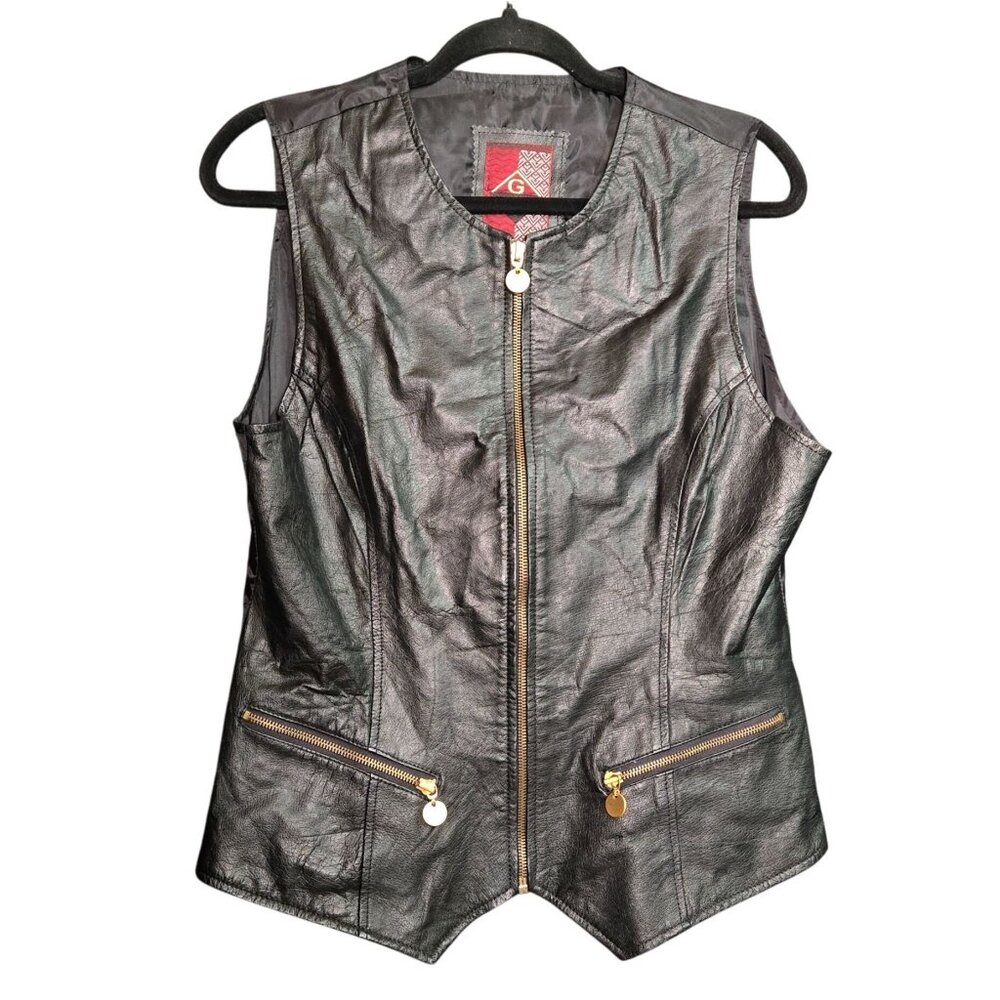 Vintage Womens L Black Leather Vest Full Zip Grunge‎ Goth Chic Biker Motorcycle